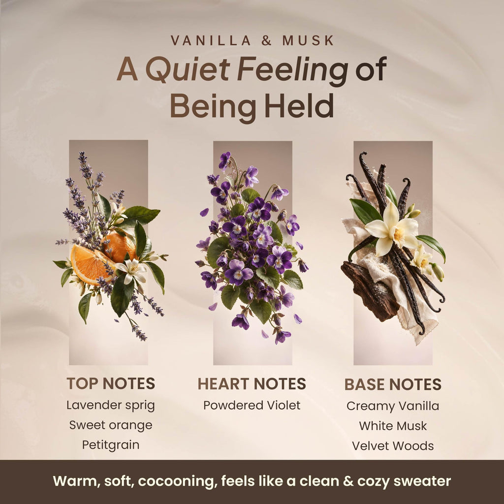 Vanilla and musk scent notes: lavender and sweet orange, powdered violet, creamy vanilla and white musk