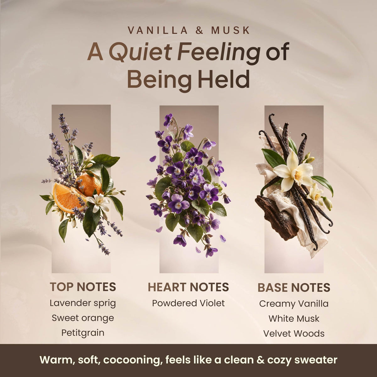 Vanilla and musk scent notes: lavender and sweet orange, powdered violet, creamy vanilla and white musk-