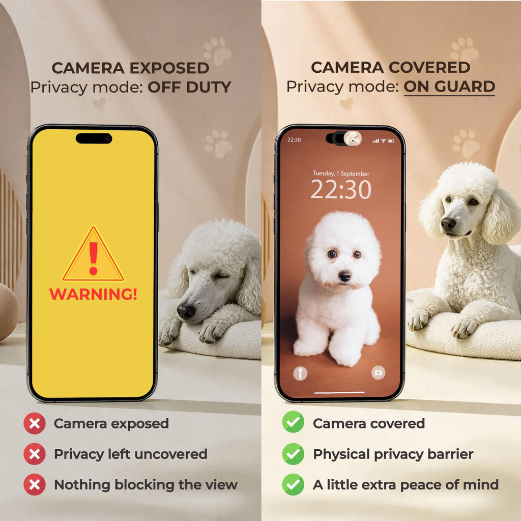 Side by side comparison of a phone with its camera exposed versus the same phone with a poodle webcam cover closed over the lens.