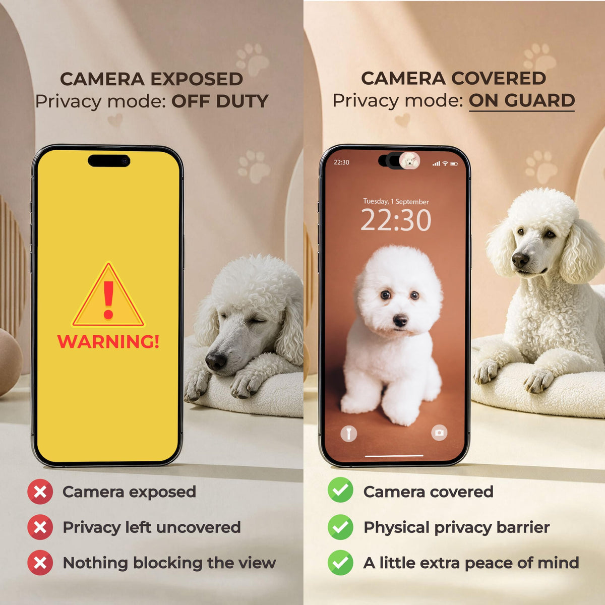 Side by side comparison of a phone with its camera exposed versus the same phone with a poodle webcam cover closed over the lens.-