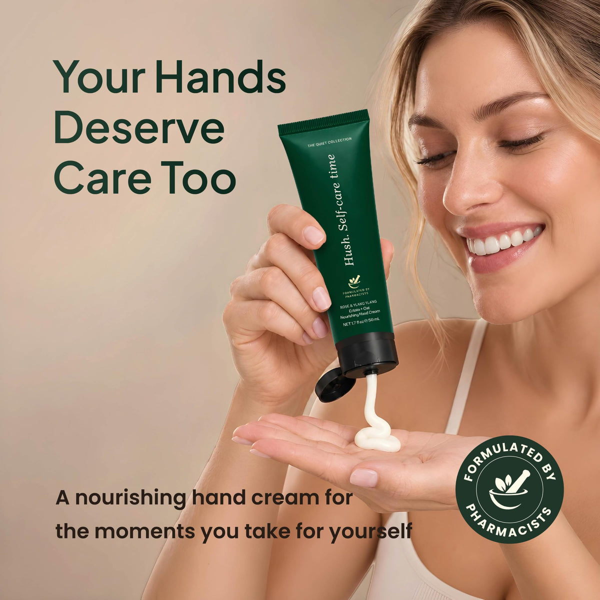 Smiling woman squeezing hand cream from a green tube into her palm-