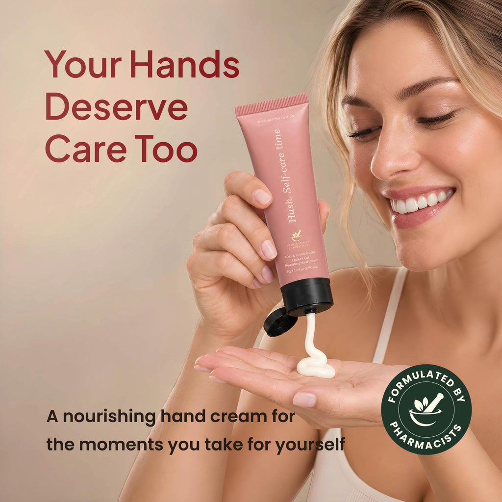 Smiling woman squeezing rose hand cream into her palm