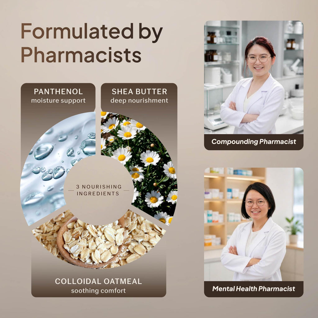 Formulated by a compounding and a mental health pharmacist with panthenol, shea butter and colloidal oatmeal