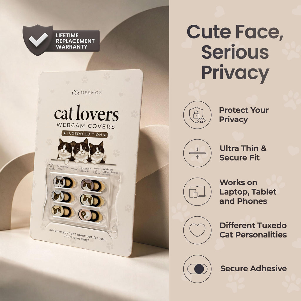 The cream Cat Lovers Webcam Covers Tuxedo Edition retail pack beside icons for privacy, ultra thin fit, device compatibility and secure adhesive.