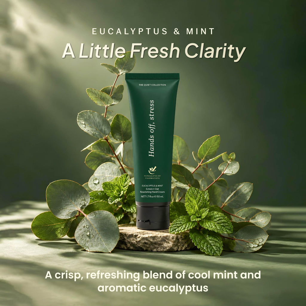 Eucalyptus and mint hand cream tube among eucalyptus leaves and fresh mint