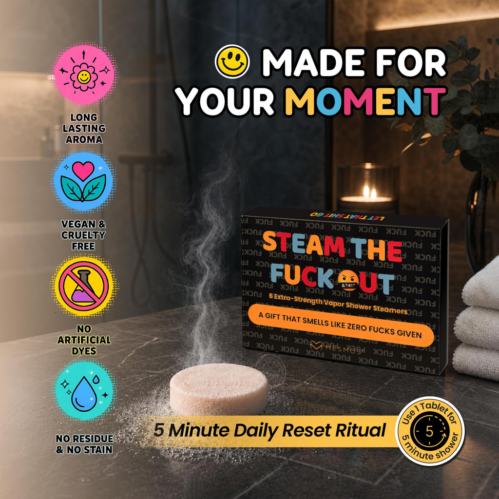 The boxed set beside a steaming tablet. Made for your moment: a 5 minute daily reset ritual, long lasting aroma, vegan and cruelty free, no artificial dyes, no residue and no stain.