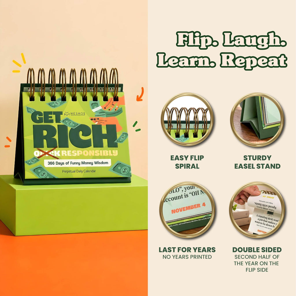 Desk calendar features: easy flip spiral, sturdy easel stand, no year printed, double sided pages