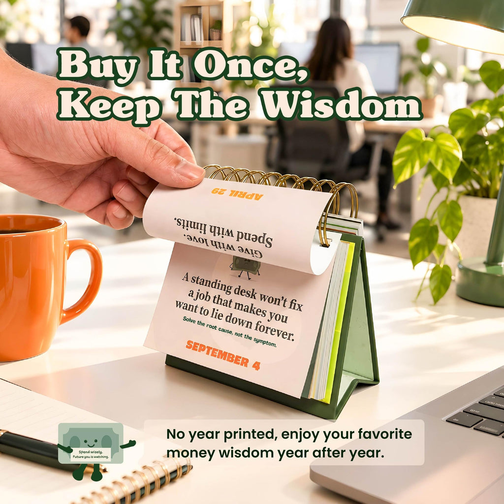 Hand flipping a perpetual calendar page with no year printed, reuse the money quotes every year