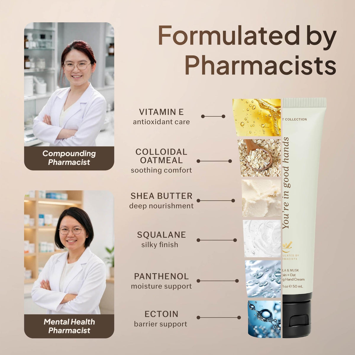 Hand cream formulated by pharmacists with ectoin, oatmeal, shea butter, squalane, vitamin E-