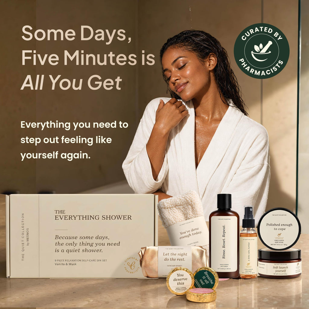 Woman in a bathrobe after a shower beside The Everything Shower set
