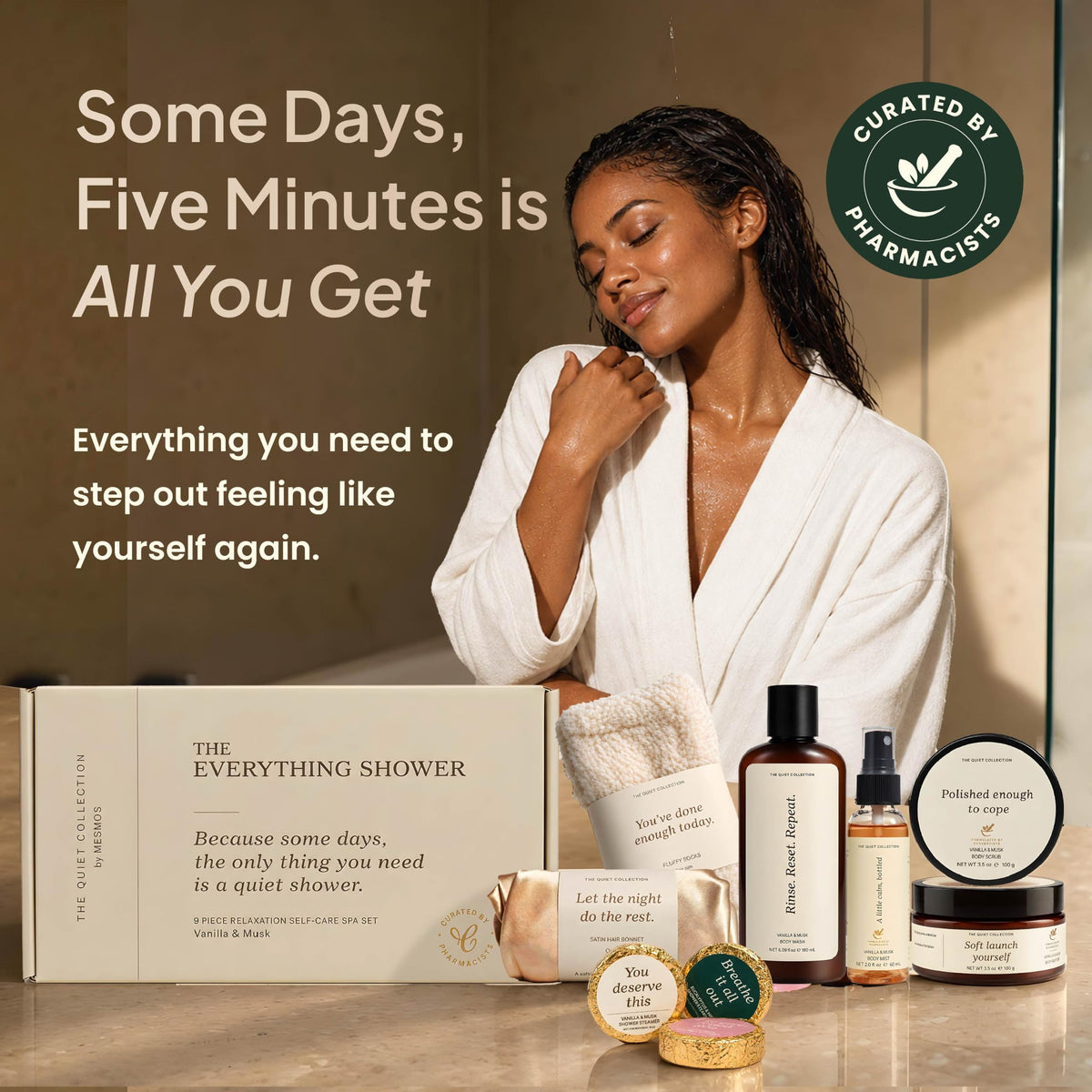Woman in a bathrobe after a shower beside The Everything Shower set-