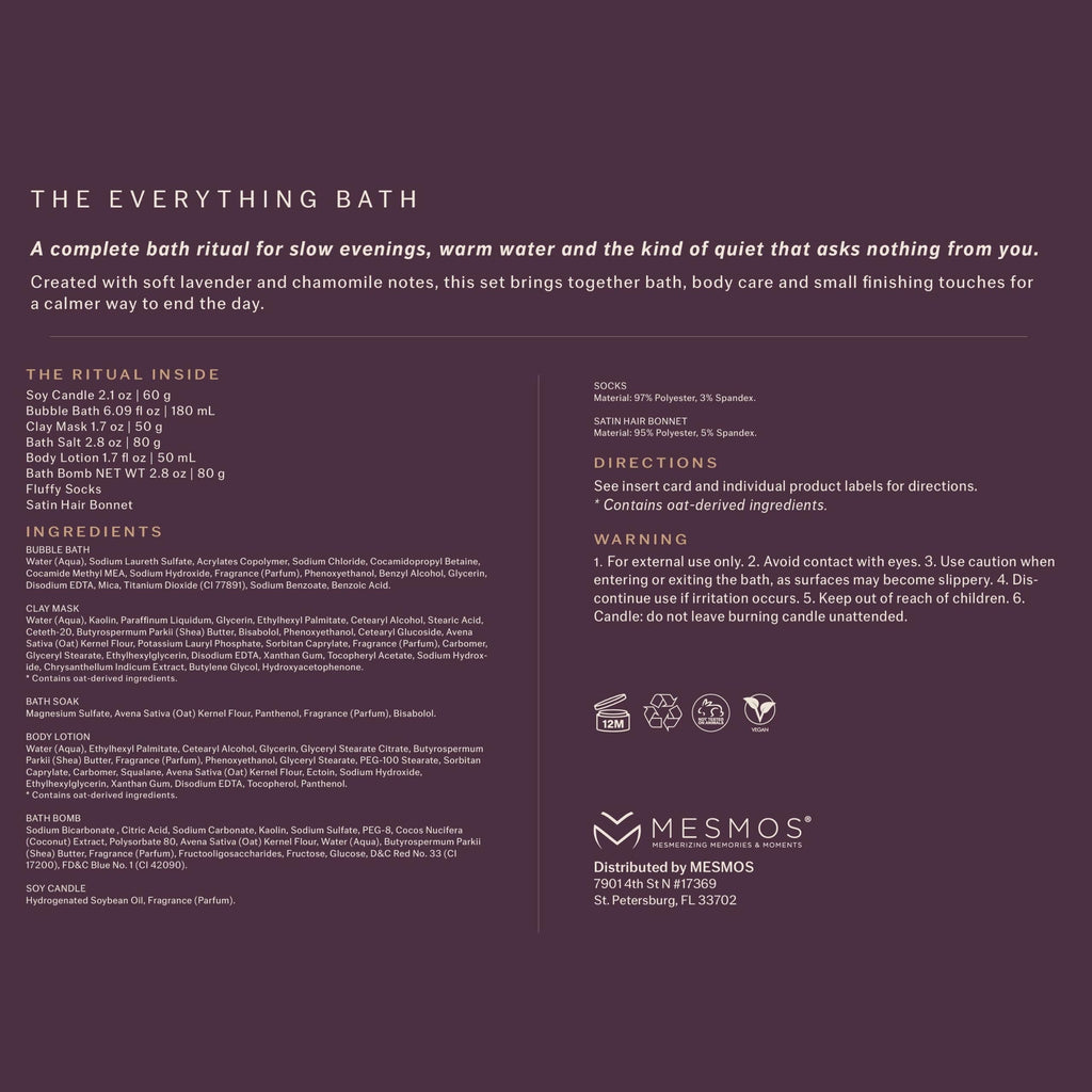 The Everything Bath ingredients, directions and warnings panel