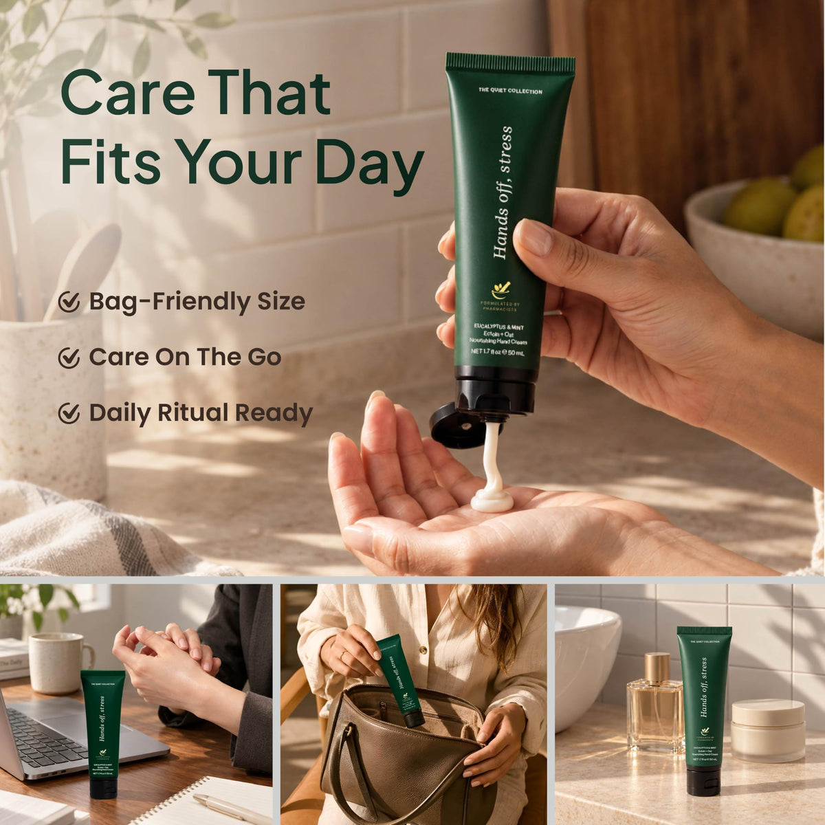 Bag friendly eucalyptus hand cream tube used at a desk, in a handbag and on a vanity-