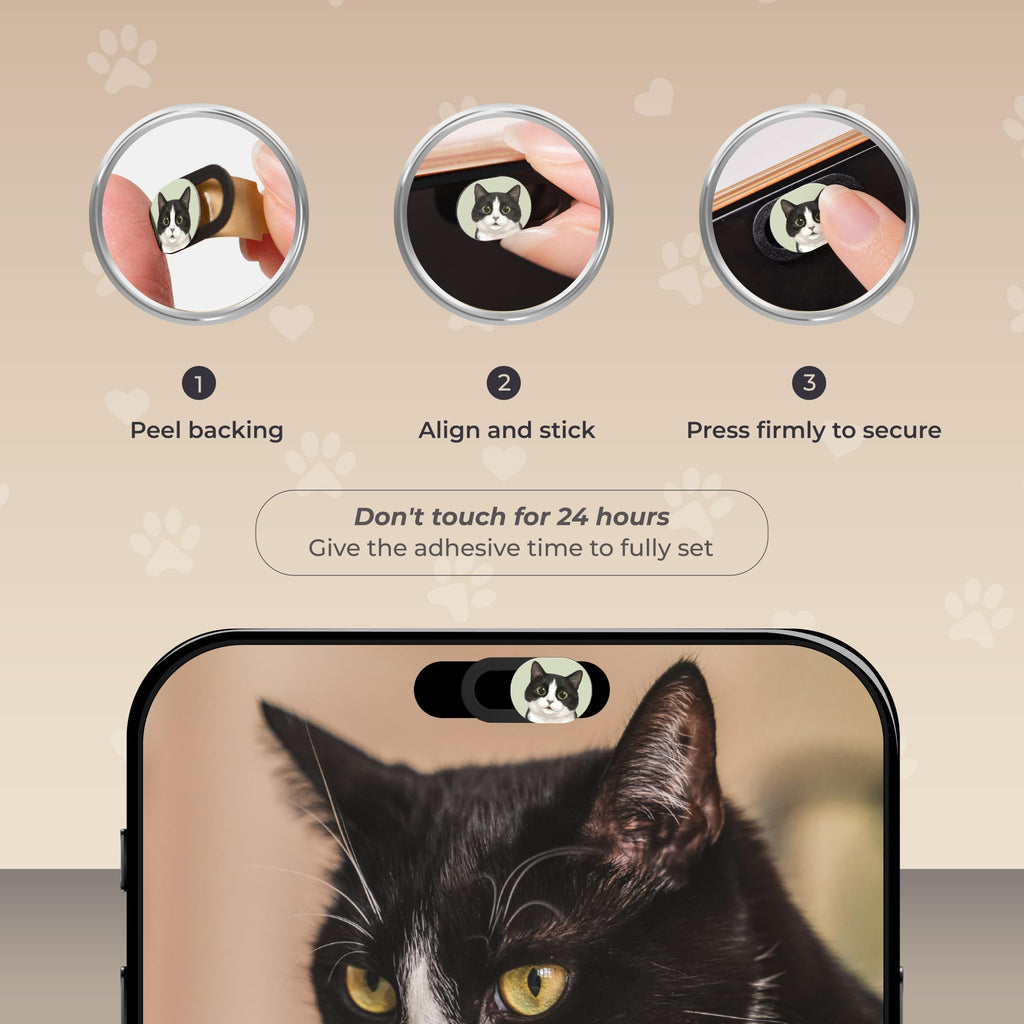 Three step installation guide: peel backing, align and stick, press firmly, with a tuxedo cat cover fitted to a phone camera.