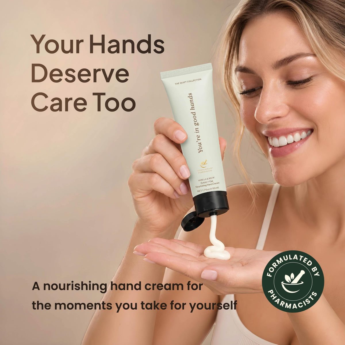 Smiling woman squeezing vanilla hand cream into her palm-