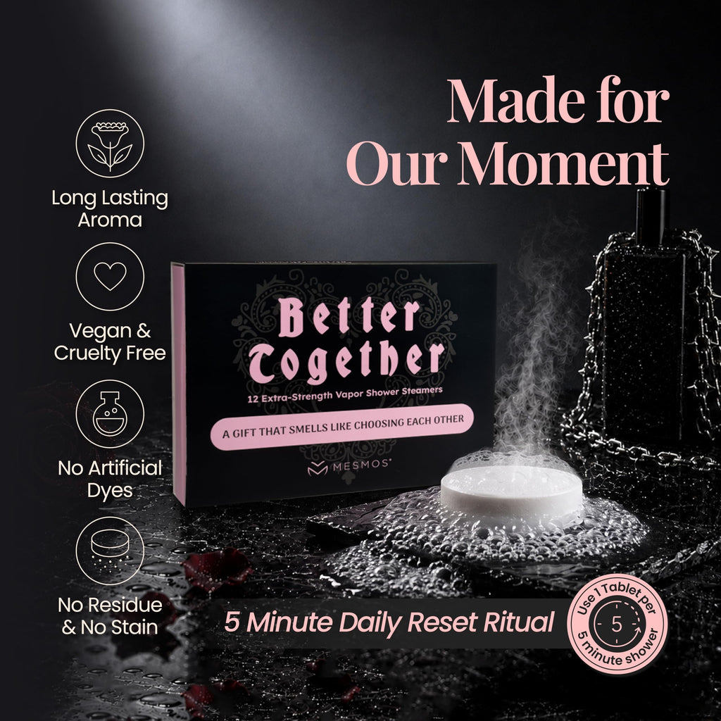 The Better Together box in a dark bathroom with a fizzing steamer. Made for our moment - a 5 minute daily reset ritual, long lasting aroma, vegan and cruelty free, no artificial dyes, no residue and no stain.