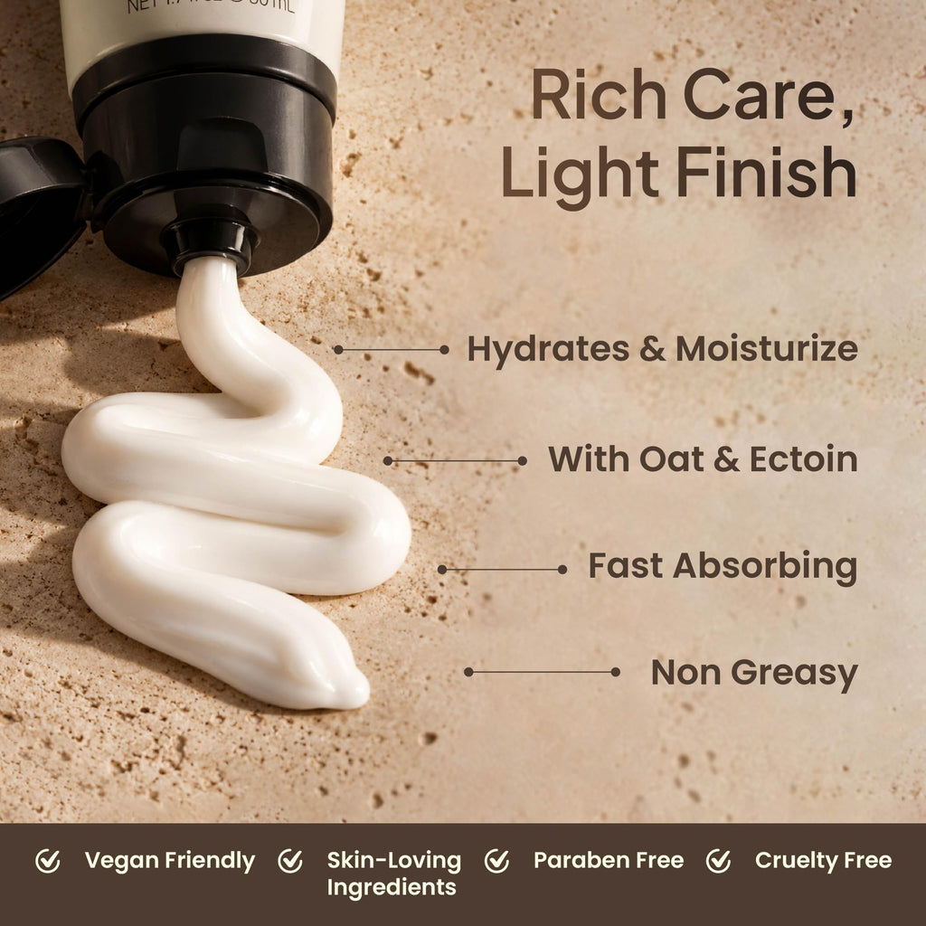 Swirl of white hand cream: hydrates, made with oat and Ectoin, fast absorbing and non greasy