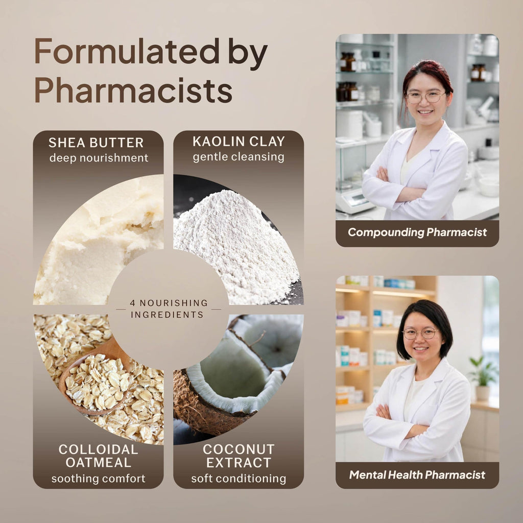 Bath bombs formulated by pharmacists with shea butter, kaolin clay, colloidal oatmeal and coconut