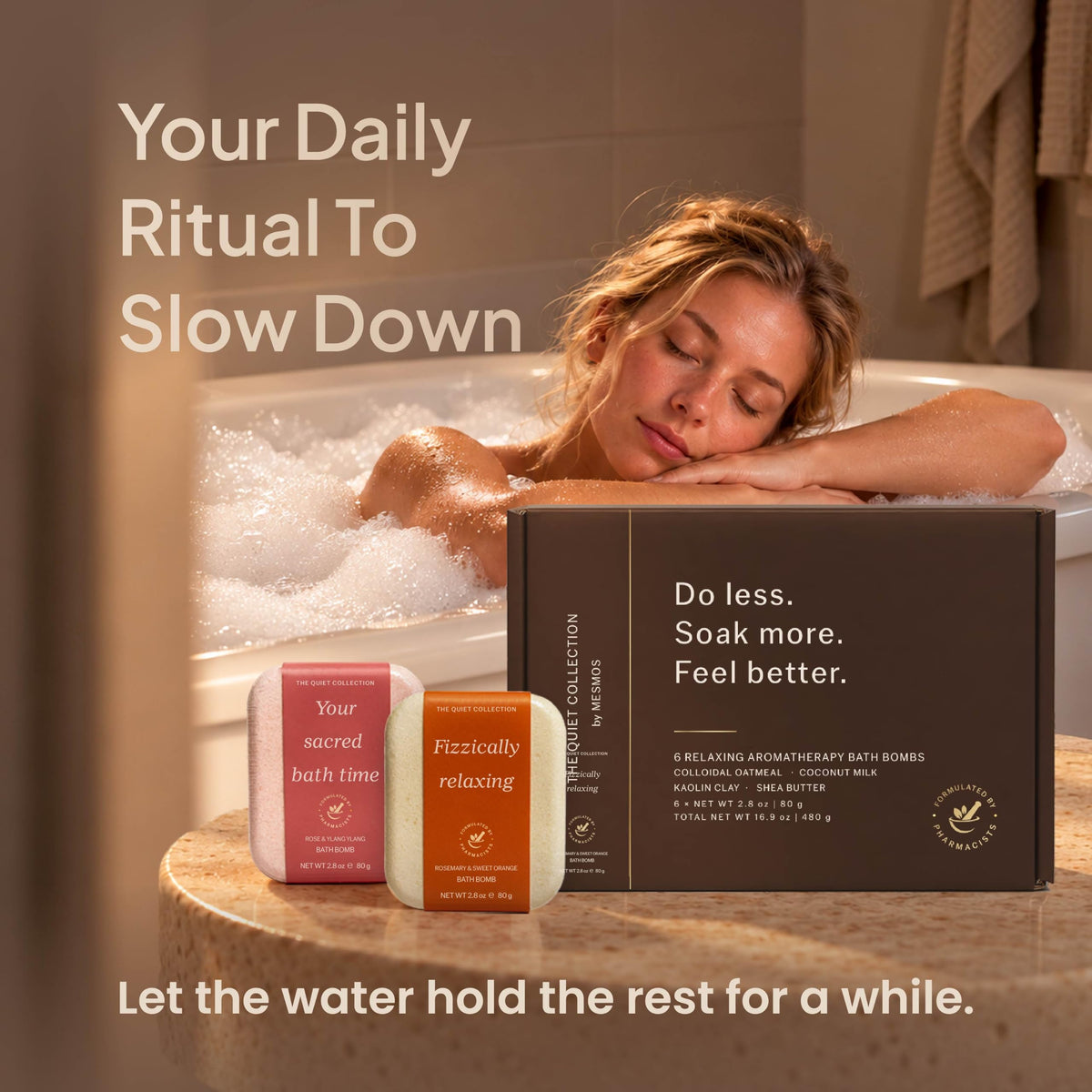 Woman relaxing in a bubble bath with aromatherapy bath bombs, spa night at home-