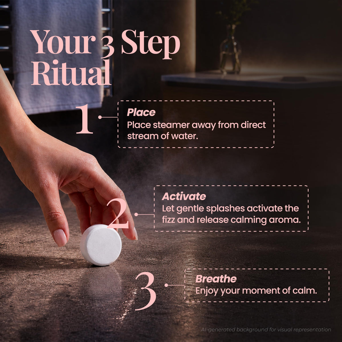 A hand placing a steamer on the shower floor. Your 3 step ritual: 1. Place the steamer away from the direct stream of water. 2. Activate - let gentle splashes release the fizz and calming aroma. 3. Breathe and enjoy your moment of calm.-