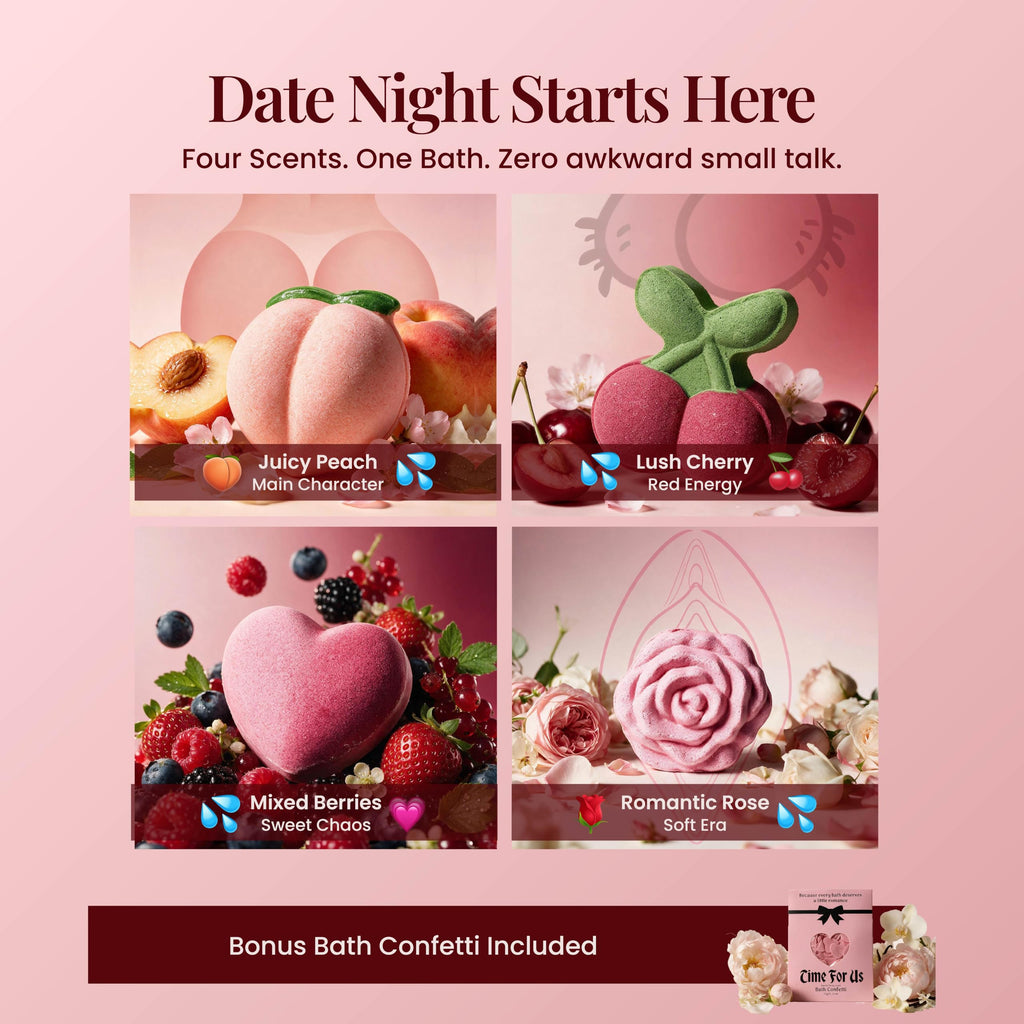 Date night starts here - four scents, one bath: Juicy Peach mimosa charcuterie, Lush Cherry red energy, Mixed Berries sweet chaos, and Romantic Rose soft era. Bonus bath confetti included.
