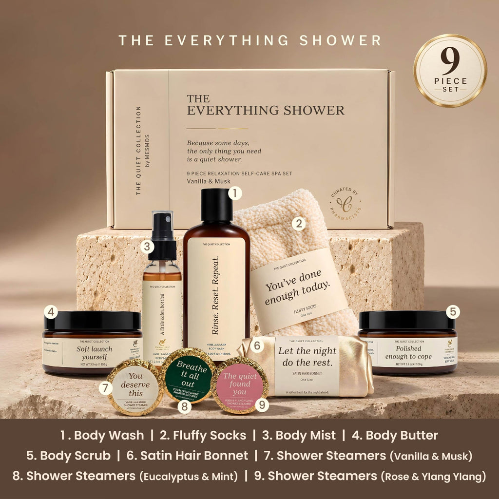The 9 pieces numbered: body wash, fluffy socks, body mist, body butter, body scrub, satin bonnet and three shower steamers