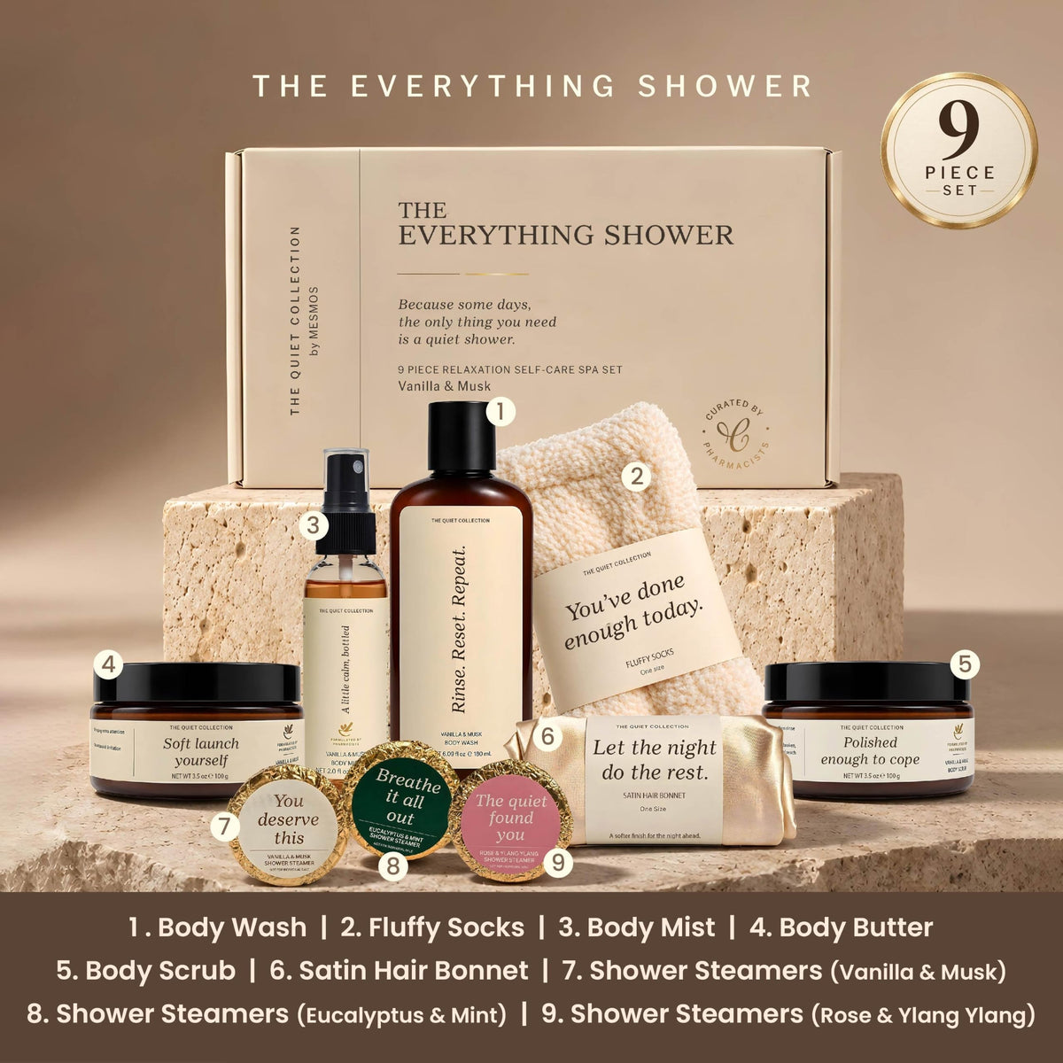 The 9 pieces numbered: body wash, fluffy socks, body mist, body butter, body scrub, satin bonnet and three shower steamers-