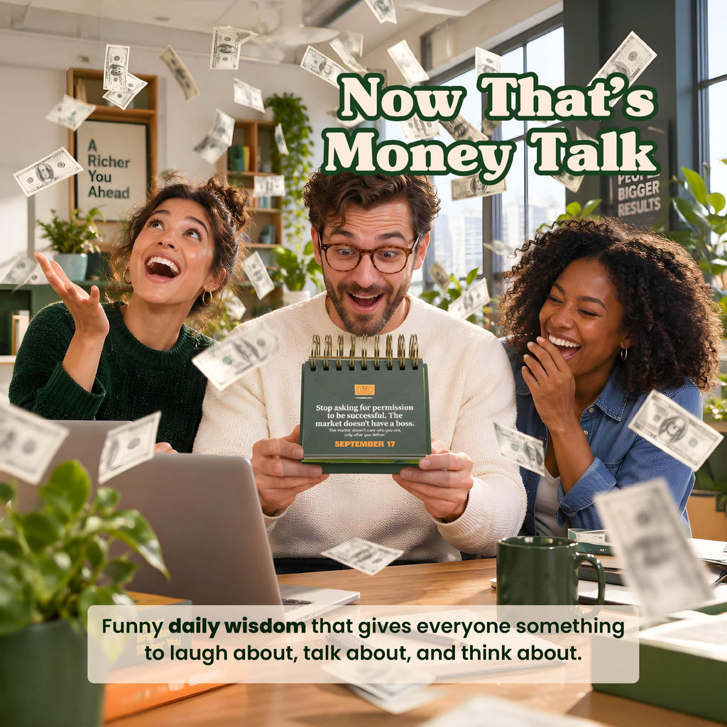 Coworkers laughing at a funny money quote calendar, funny finance gift for office coworkers