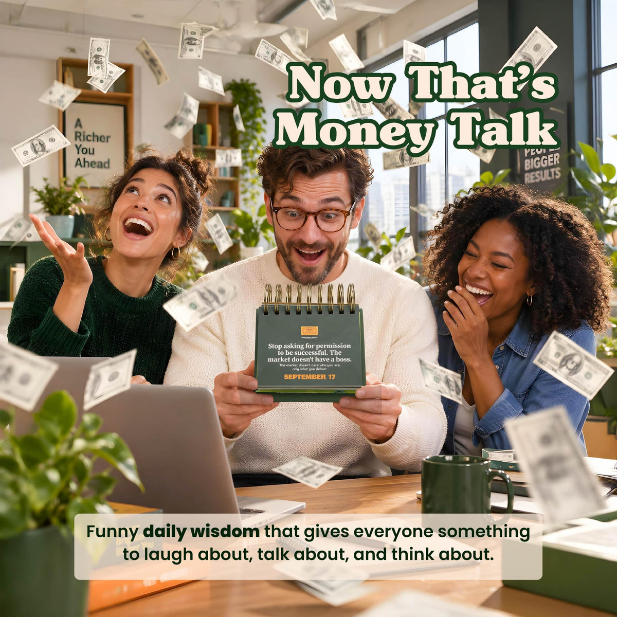 Coworkers laughing at a funny money quote calendar, funny finance gift for office coworkers-