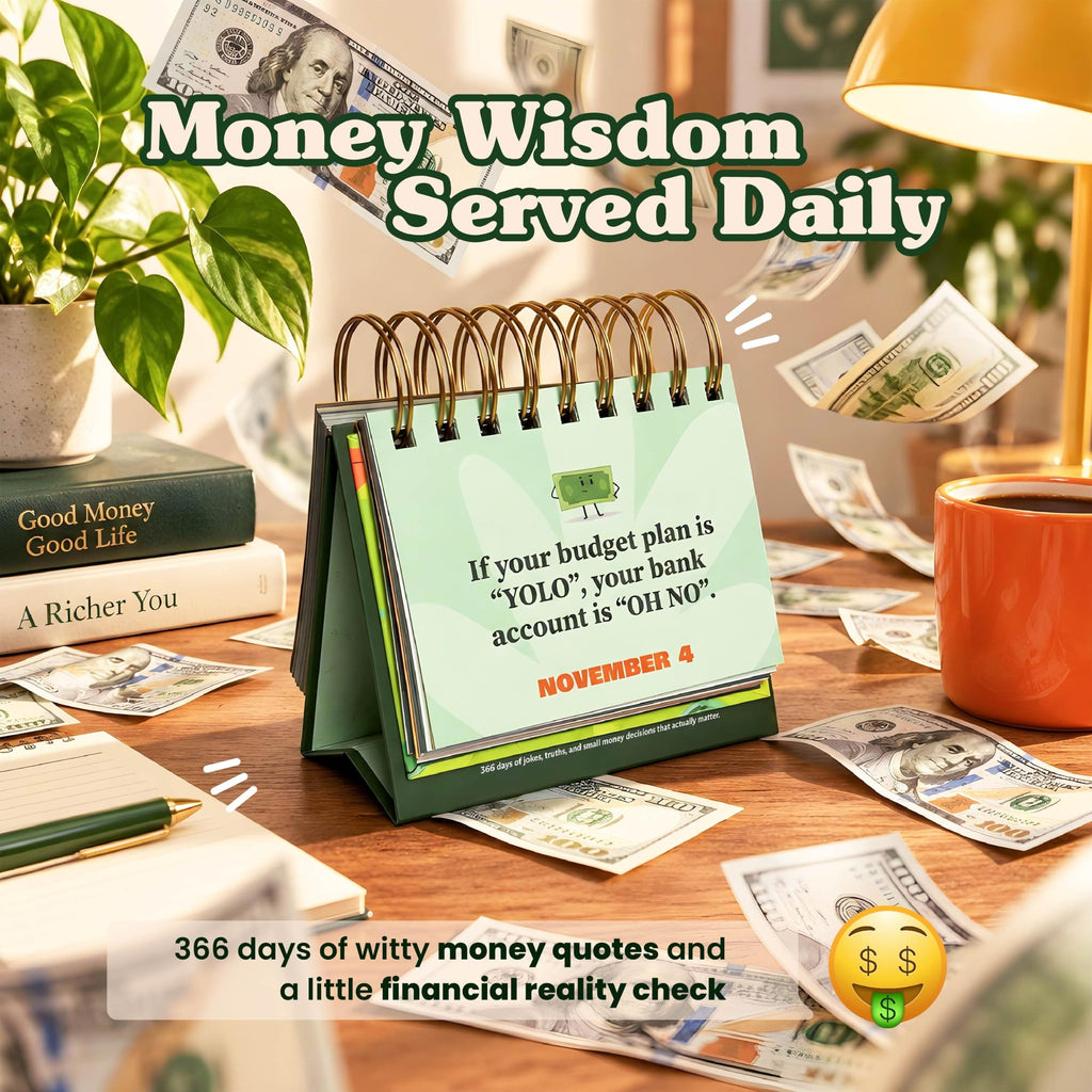 Perpetual desk calendar on an office desk with a witty money quote and flying dollar bills