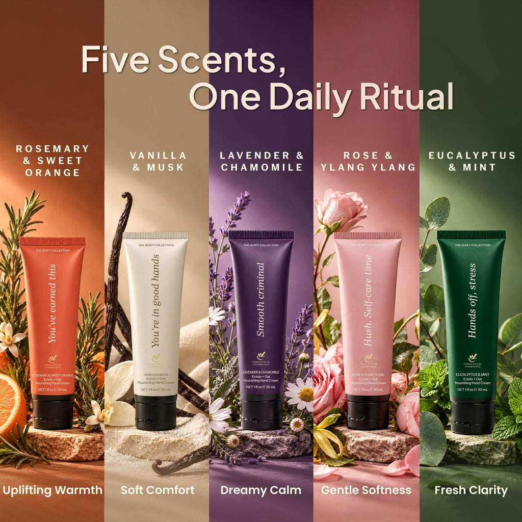 Five hand cream scents: rosemary orange, vanilla musk, lavender, rose ylang ylang, eucalyptus