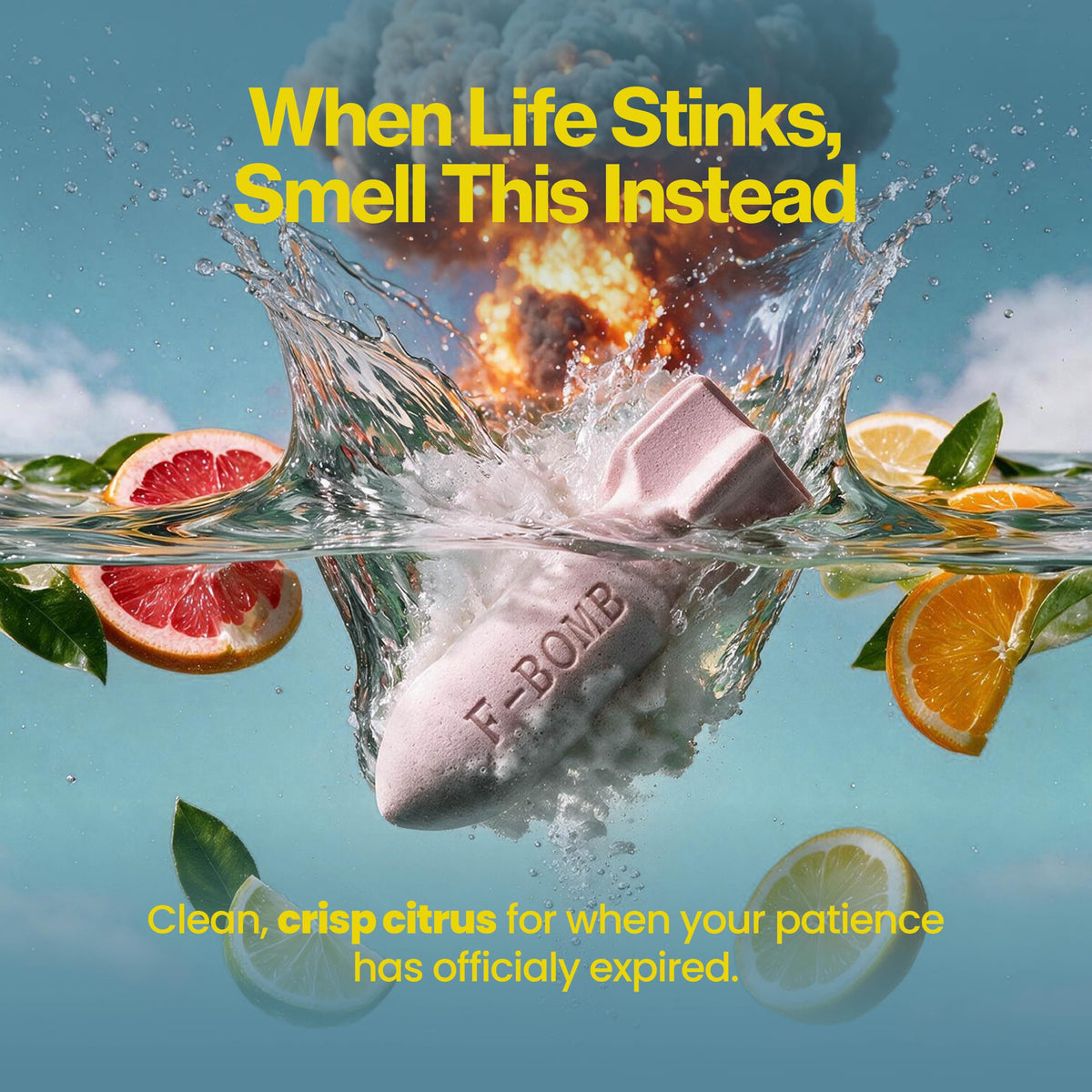 An F-Bomb bath fizzer splashing into water surrounded by grapefruit and orange slices. When life stinks, smell this instead - clean, crisp citrus for when your patience has officially expired.-