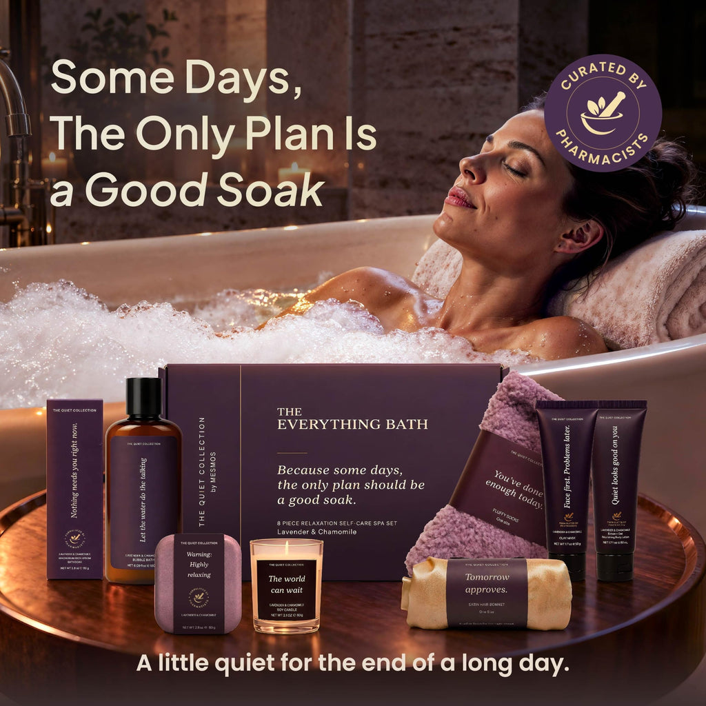 Woman relaxing in a bubble bath beside The Everything Bath set on a tray