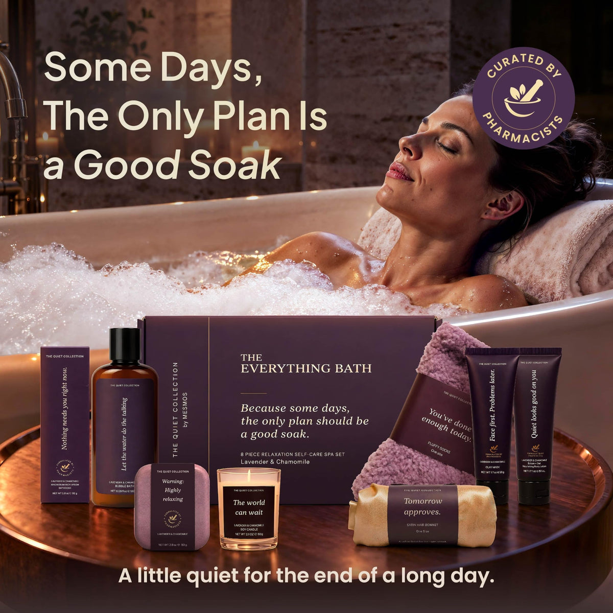 Woman relaxing in a bubble bath beside The Everything Bath set on a tray-
