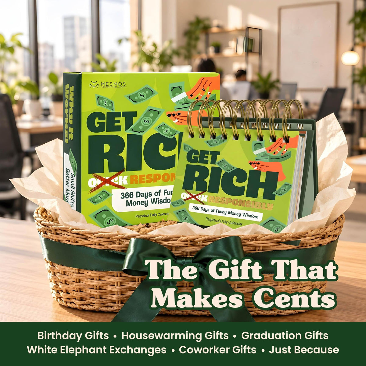 Funny money calendar in a gift basket: birthday, housewarming, graduation, coworker, white elephant-