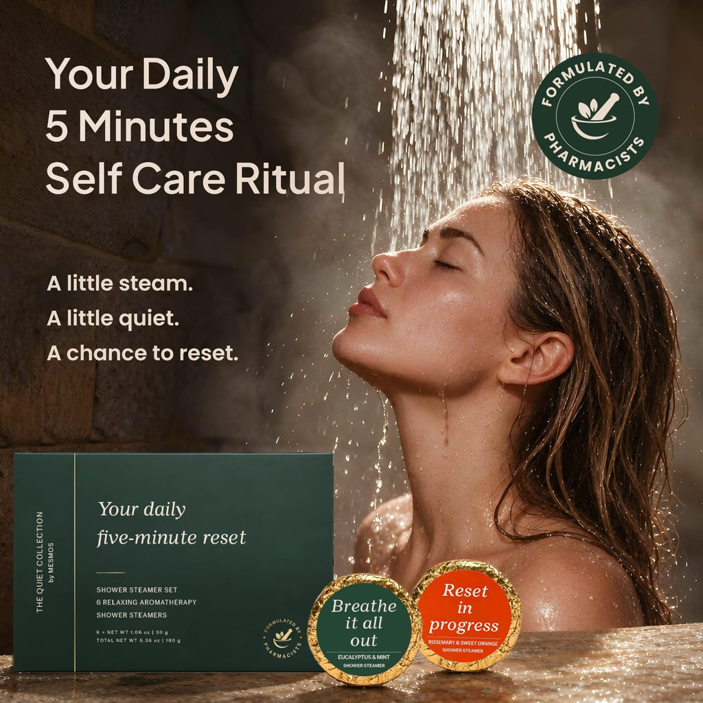 Mom enjoying a 5 minute self care shower ritual with an aromatherapy shower steamer and steam