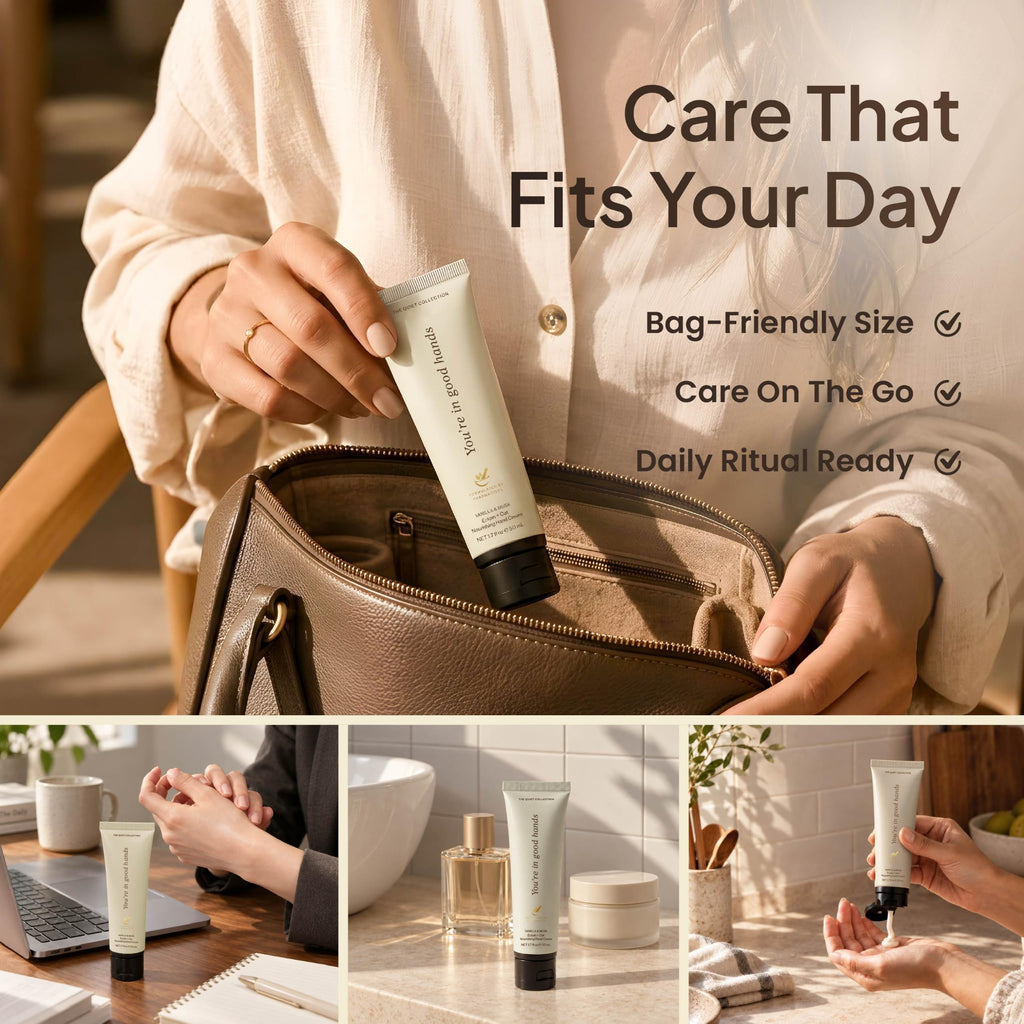 Bag friendly vanilla hand cream tube going into a handbag, used at a desk and on a vanity