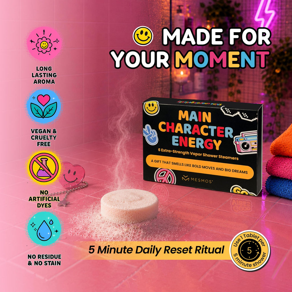 The Main Character Energy box on a pink neon-lit shelf. Made for your moment - a 5 minute daily reset ritual, long lasting aroma, vegan and cruelty free, no artificial dyes, no residue and no stain.
