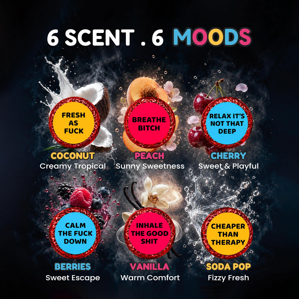 Six scents, six moods: Coconut creamy tropical, Peach sunny sweetness, Cherry sweet and playful, Berries sweet escape, Vanilla warm comfort, Soda Pop fizzy fresh.