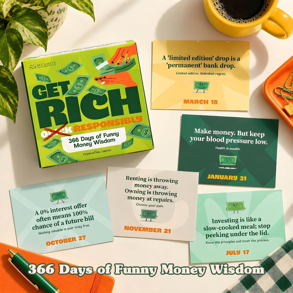 Flat lay of funny money quote pages from the daily flip calendar, finance humor for every day-