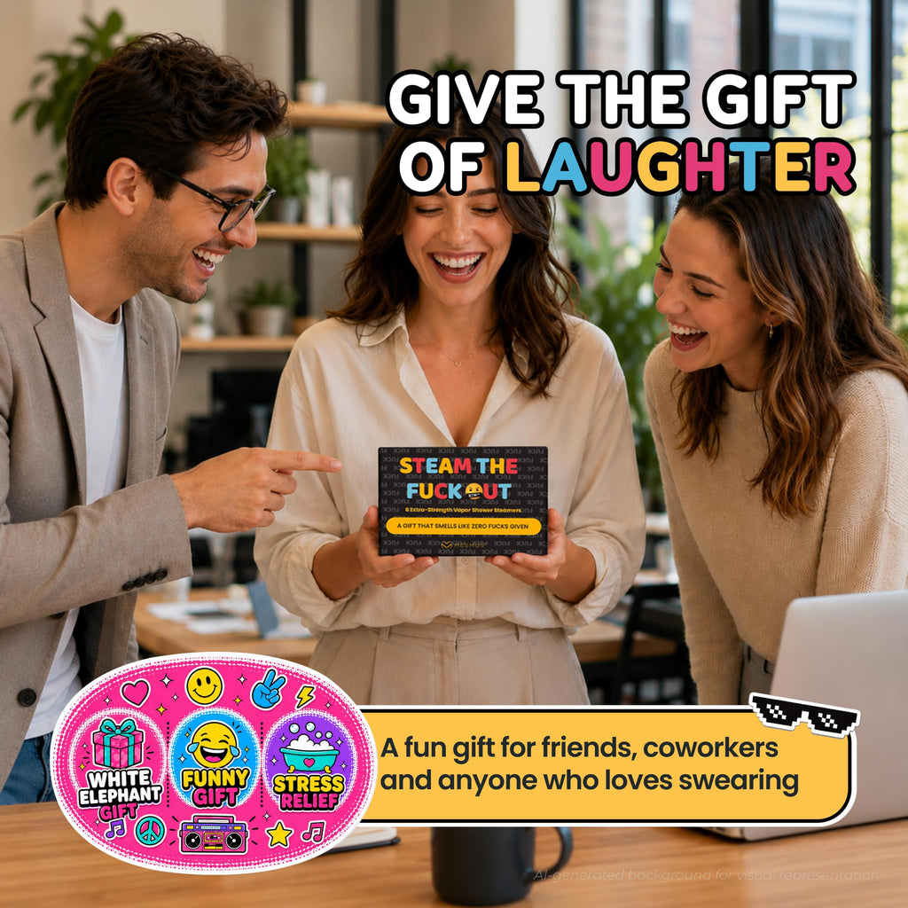 Three colleagues laughing around the box in an office. Give the gift of laughter - a fun gift for friends, coworkers and anyone who loves swearing.