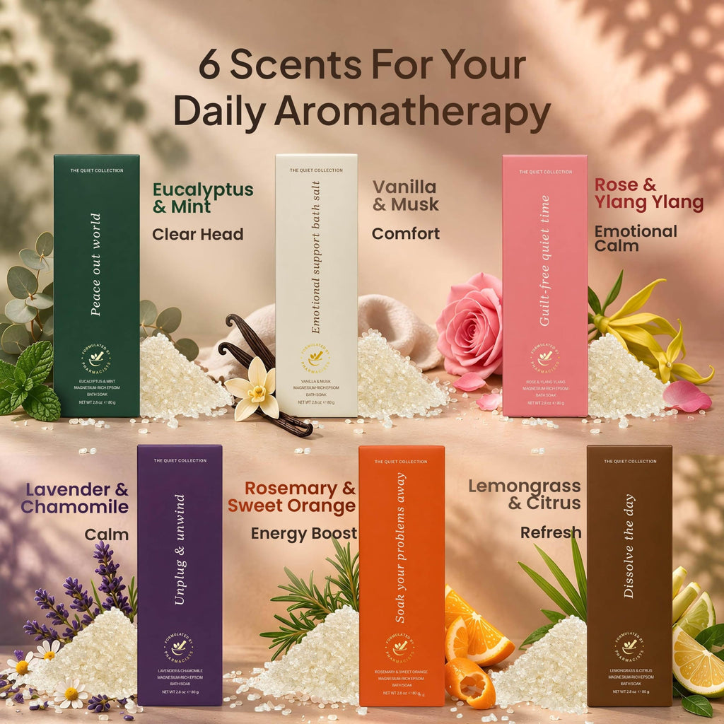 Six bath salt scents: eucalyptus mint, vanilla musk, rose ylang ylang, lavender chamomile, rosemary orange, lemongrass citrus