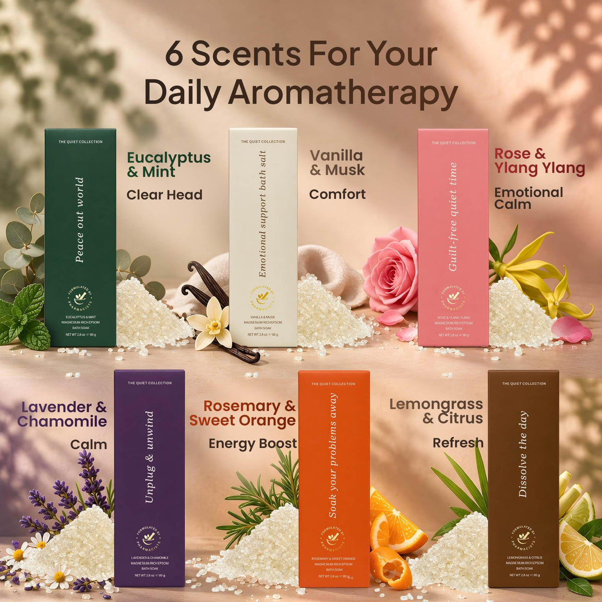 Six bath salt scents: eucalyptus mint, vanilla musk, rose ylang ylang, lavender chamomile, rosemary orange, lemongrass citrus-3