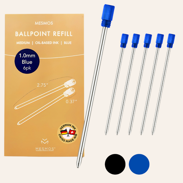 A six-pack of Mesmos ballpoint refills in blue, 1.0mm medium oil-based ink, 2.75 inches long, shown with black and blue colour swatches.
