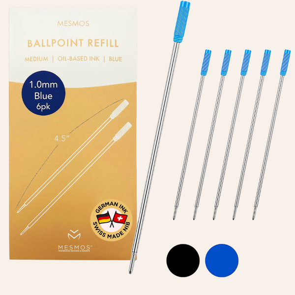A six-pack of Mesmos Cross-style ballpoint refills in blue, 1.0mm medium oil-based ink, 4.5 inches long, with German ink and a Swiss-made nib.