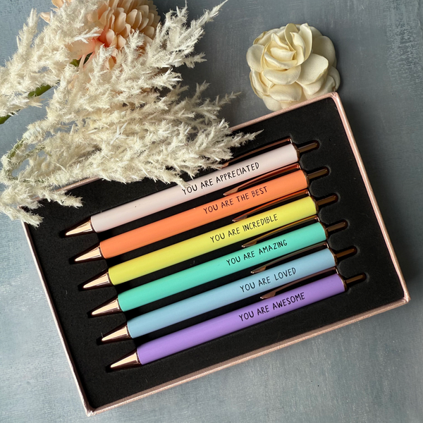 Six pastel ballpoint pens with appreciation quotes, in a gift box