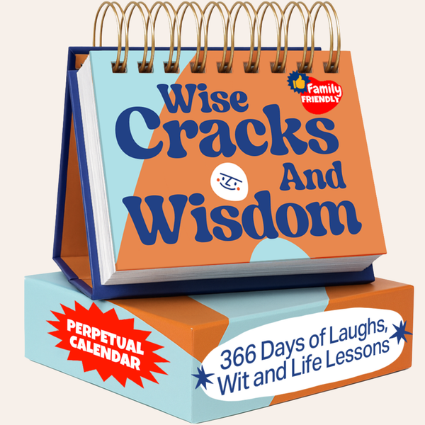 Perpetual daily desk calendar with humorous quotes, standing open
