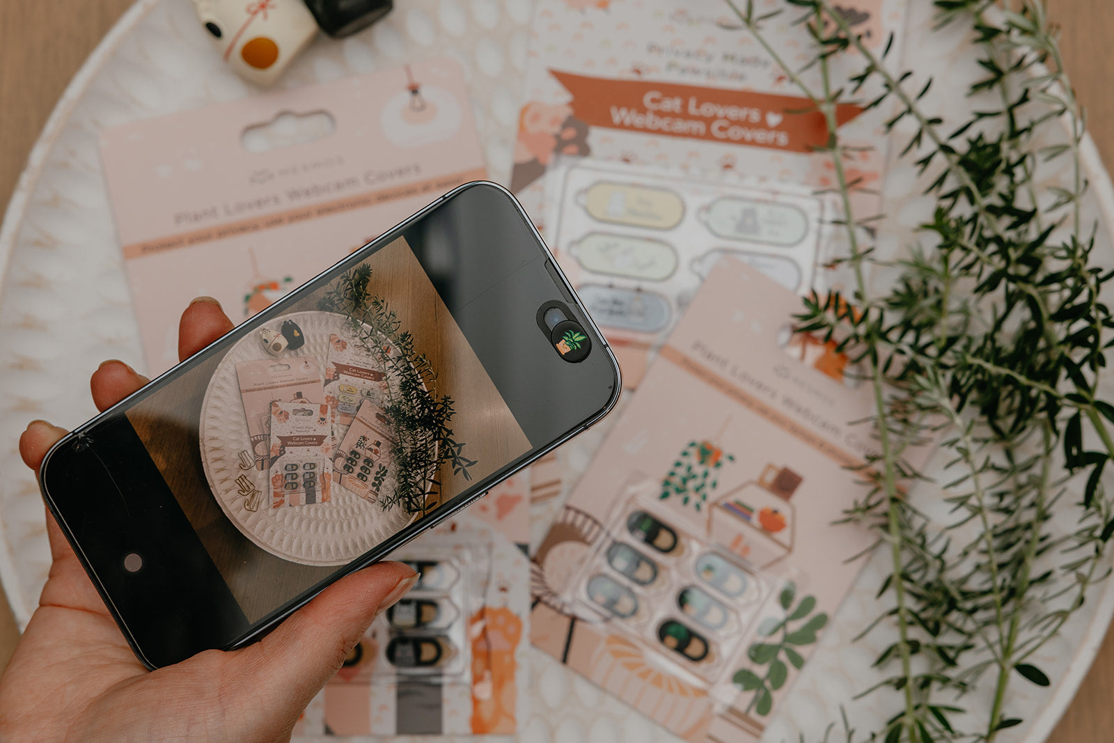Person holding a smartphone with a decorative plate featuring cat-themed products in the background.