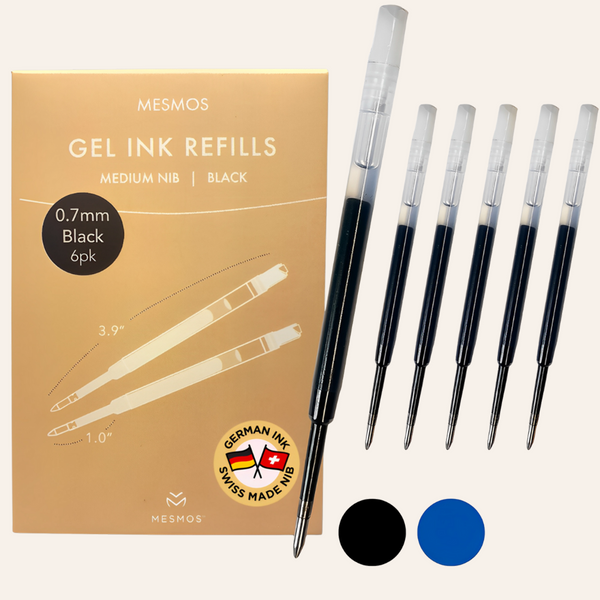 A six-pack of Mesmos gel ink refills in black, 0.7mm medium nib, with German ink and a Swiss-made nib.