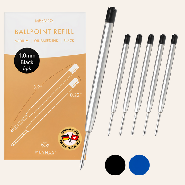 A pack of six Mesmos ballpoint refills, 1.0mm black, 3.9 inches long, shown beside the loose refills. Available in black and blue.